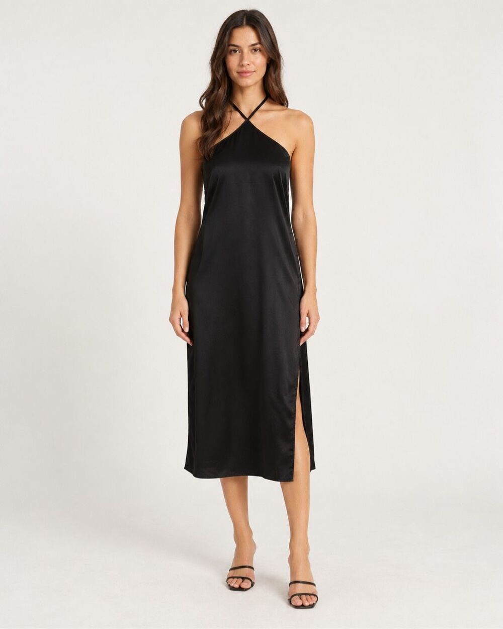Alamour The Label Black Satin Halter Midi Slip Dress High Slit Size S
